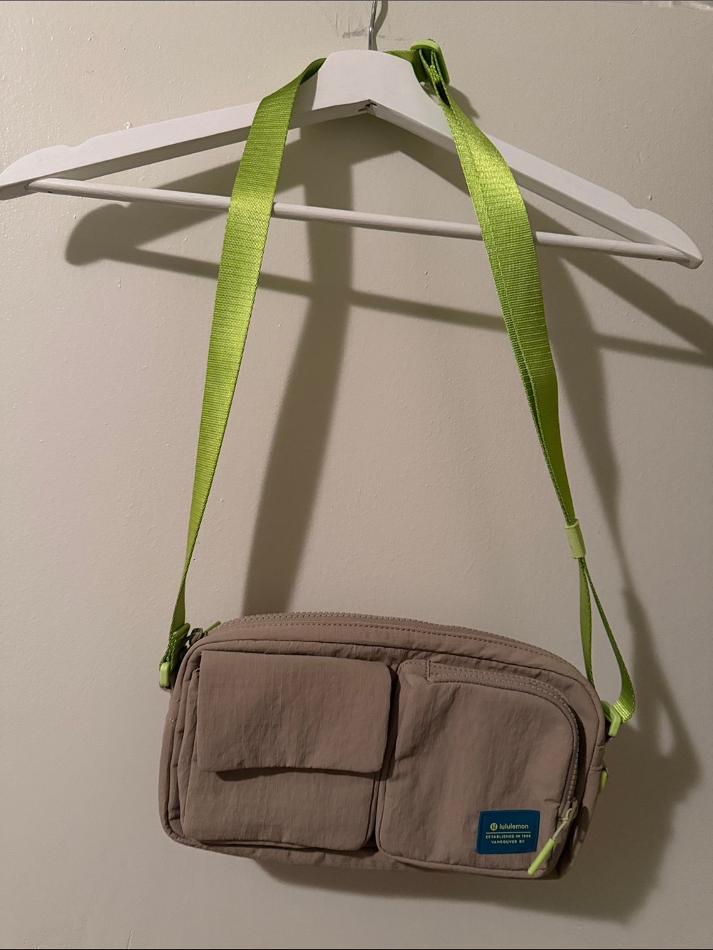 lululemon Taupe Utility Crossbody Bag Lime Green Strap